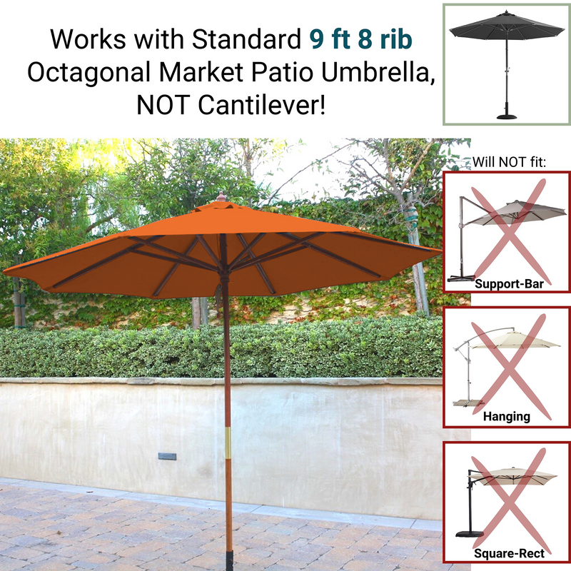 A 9ft Market Patio Umbrella 8 Rib Replacement Canopy Tuscan Orange from Formosa Covers is set up on a paved area with a greenery-covered wall in the background. The text indicates compatibility with a 9ft umbrella and has an umbrella canopy with 8 ribs. Inset images show types of unsupported umbrellas, including Support-Bar, Hanging, and Square-Rect.