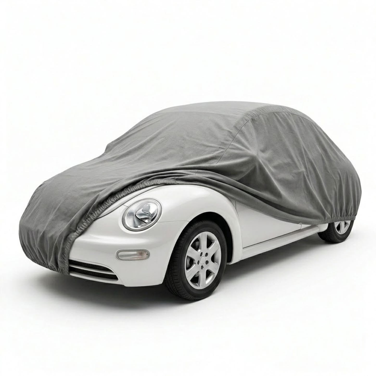Silver grey 3-layer car cover sized 161"L x 70"W x 55"H for Volkswagen Beetle and sports cars, water-repellent and UV protected