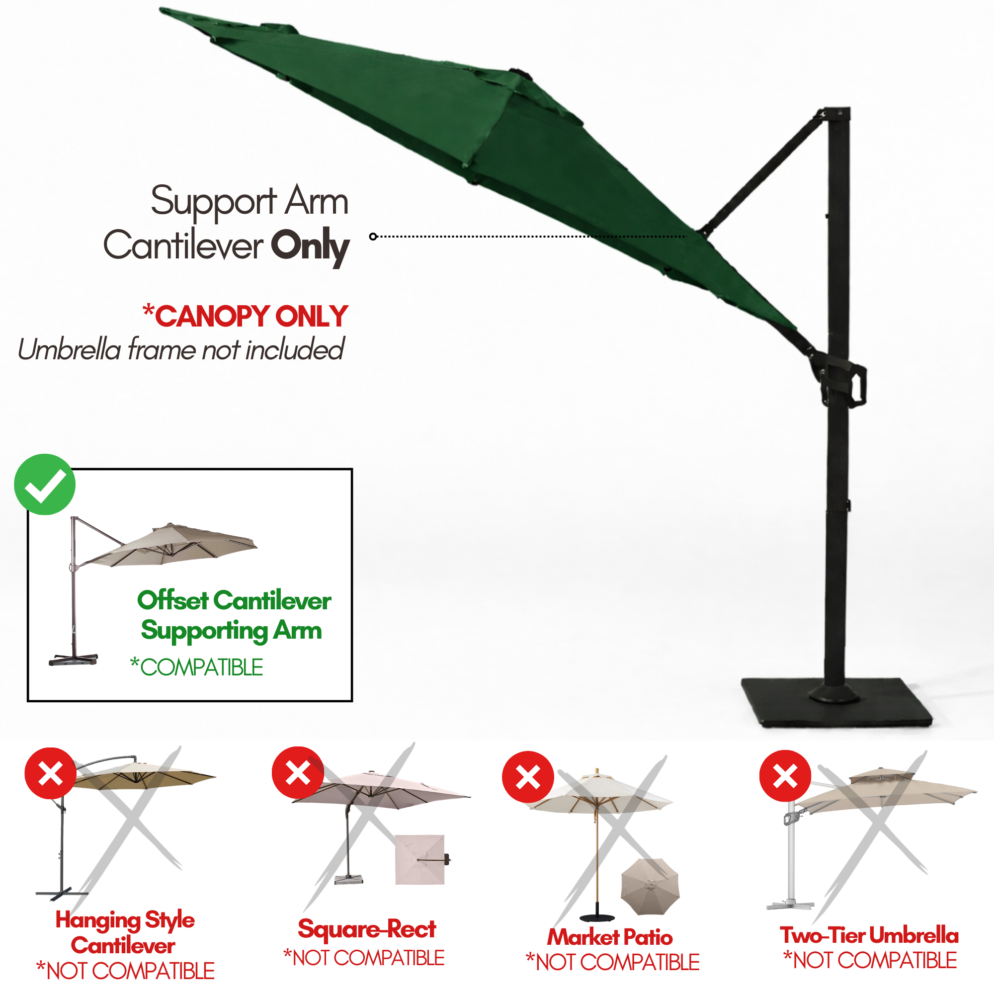 10ft Cantilever Supported Bar Umbrella 8 Rib Replacement Canopy Hunter Green - Formosa Covers
