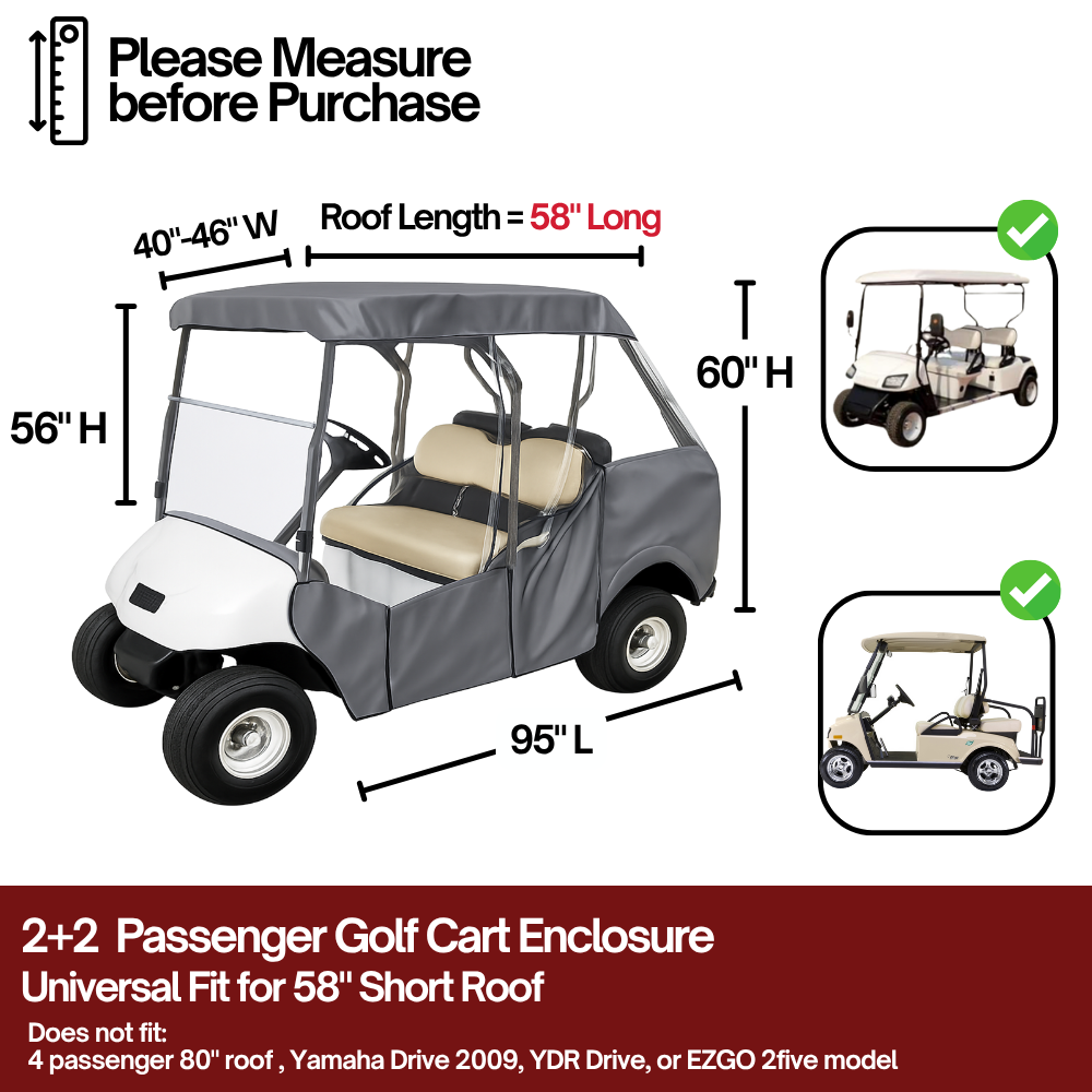 2+2 Passenger 3 Sided Driveable Golf Cart Enclosure for Short Roof 58"L Open Front - Grey
