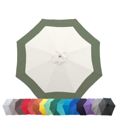 A top view of the 9ft Market Patio Umbrella 8 Rib Replacement Canopy Duet Sage Green by Formosa Covers, featuring multi-colored panels in a combination of white and sage green with a wooden pole. Crafted from UV-treated, durable polyester fabric, it includes smaller images showcasing the umbrella in various other colors like red, yellow, blue, purple, black, and more.