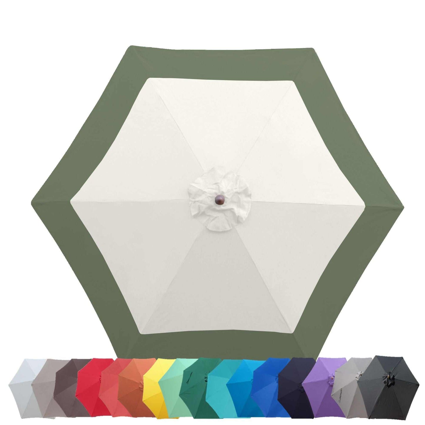 A Formosa Covers 9ft Market Patio Umbrella with a 6 Rib Replacement Canopy in Duet Sage Green is shown opened, showcasing its unique two-toned look with a green exterior and white underside. In front, there is a display of smaller closed umbrellas in various colors, including red, orange, yellow, green, blue, purple, black, and grey.