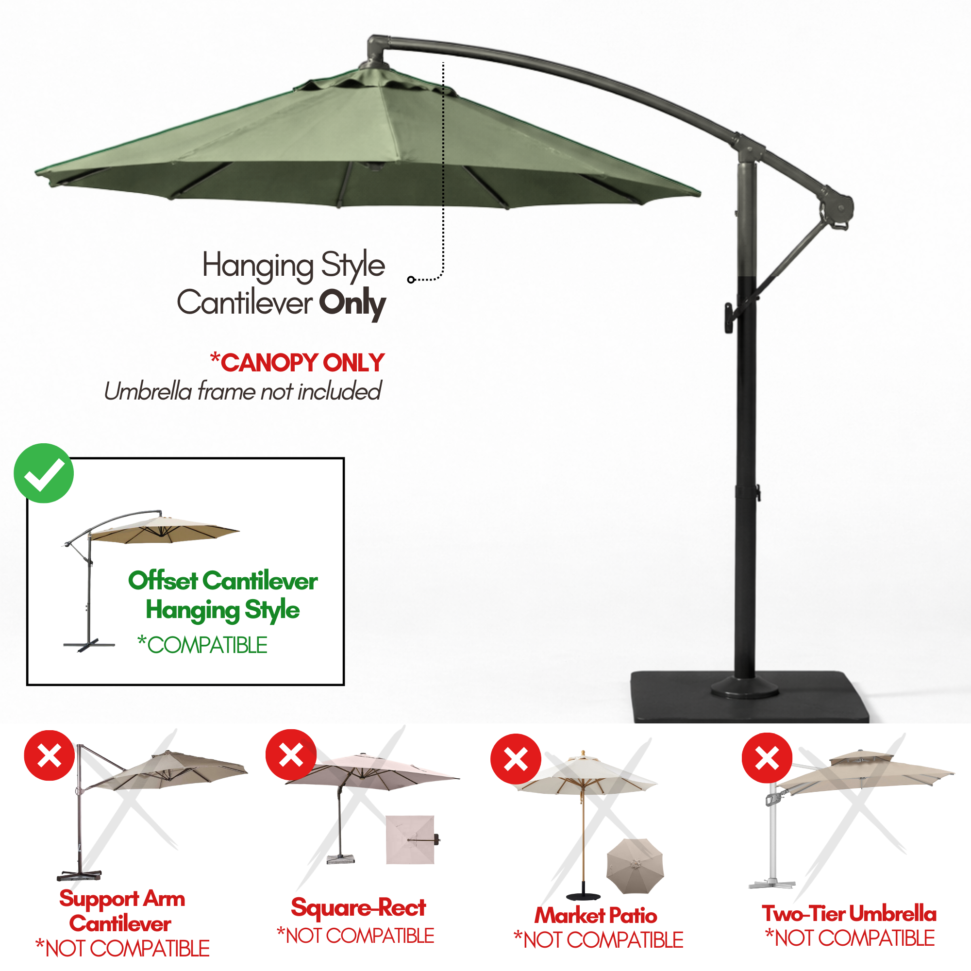 11ft Cantilever Hanging Umbrella 8 Rib Replacement Canopy Sage Green