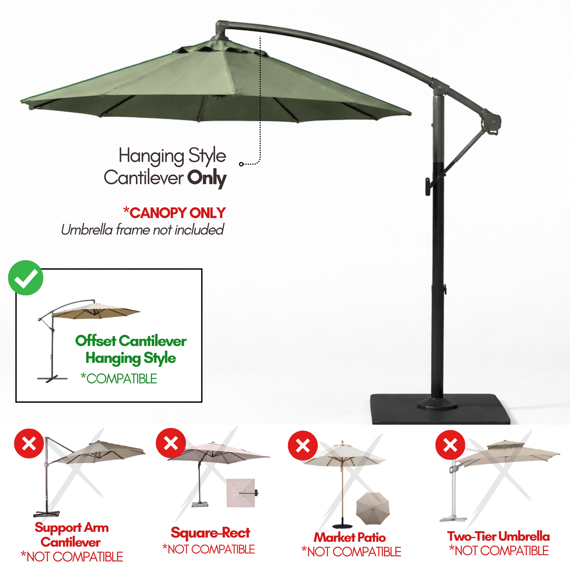 11ft Cantilever Hanging Umbrella 8 Rib Replacement Canopy Sage Green