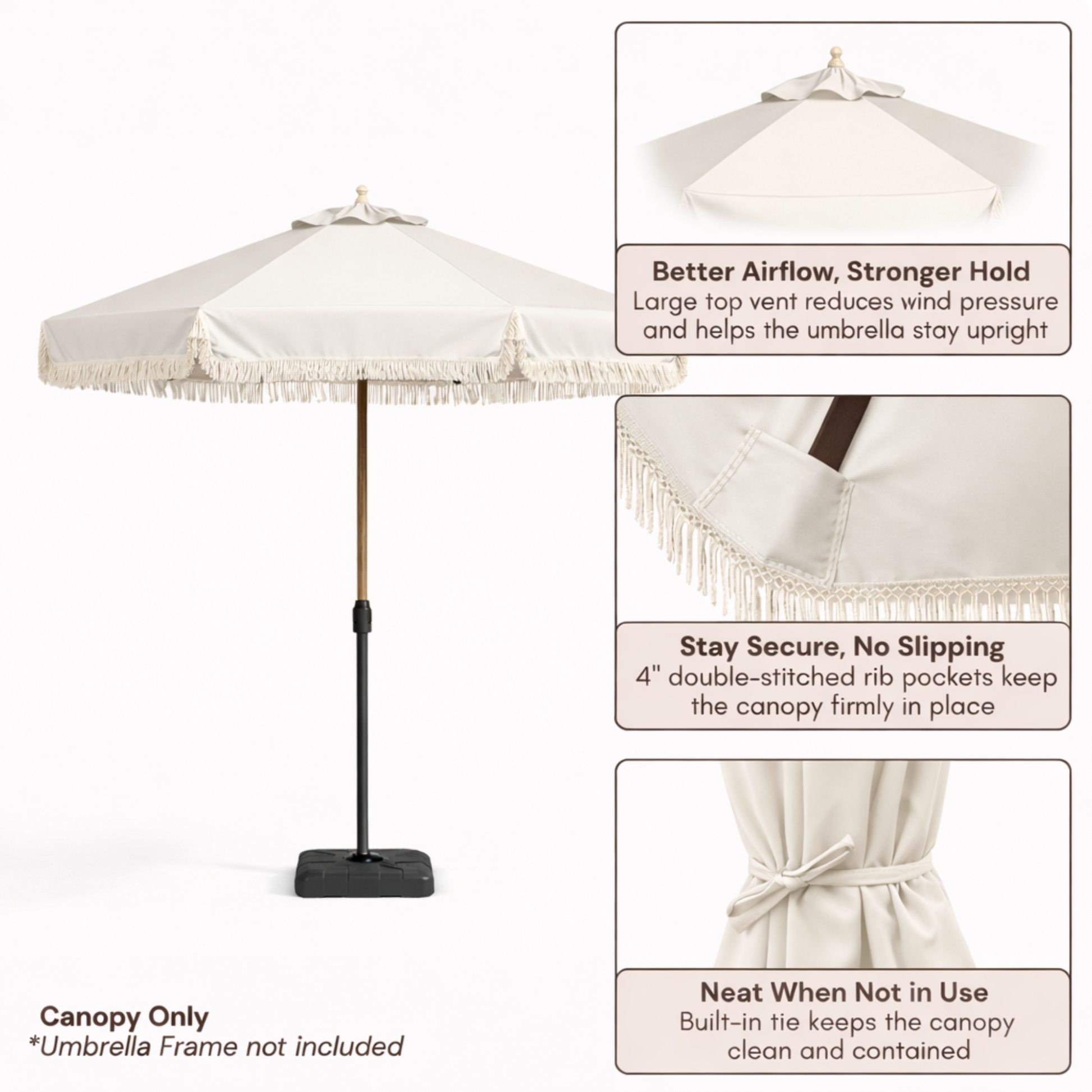 9ft 8 Ribs Replacement Umbrella Canopy w/Fringed Valance in Off White (Canopy Only) - Formosa Covers