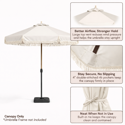 9ft 8 Ribs Replacement Umbrella Canopy w/Fringed Valance in Off White (Canopy Only) - Formosa Covers