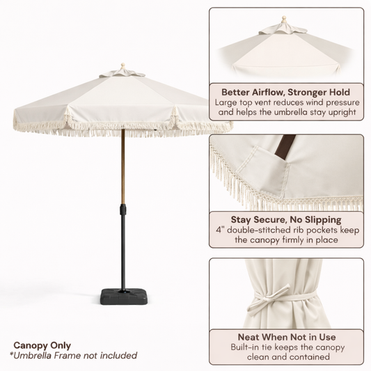 9ft 8 Ribs Replacement Umbrella Canopy w/Fringed Valance in Off White (Canopy Only) - Formosa Covers