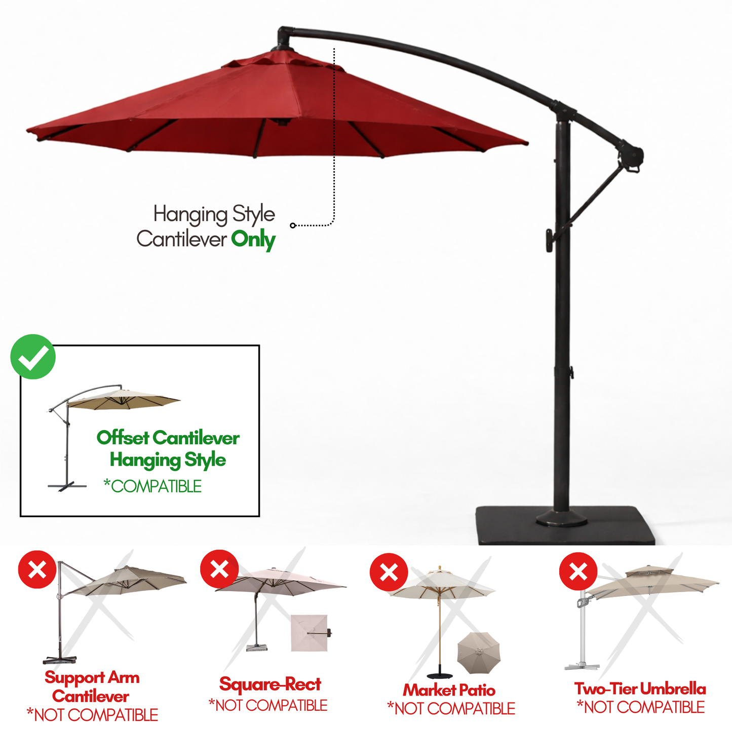 9 ft Cantilever Hanging Umbrella 6 Rib Replacement Canopy Red - Formosa Covers