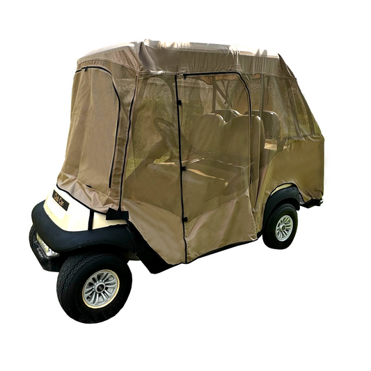 A Formosa Covers 2+2 Passenger Golf Cart Driving Enclosure Cover in Texteline Mesh Taupe is seen encompassing a beige, 4-seater golf cart. The full transparent cover, including zippered doors and windows, provides protection for both the cart and its passengers from the elements. The golf cart accessory is showcased on a white background.