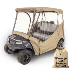 2 passengers driving enclosure golf cart cover in taupe with clear PVC windows and YKK zippers