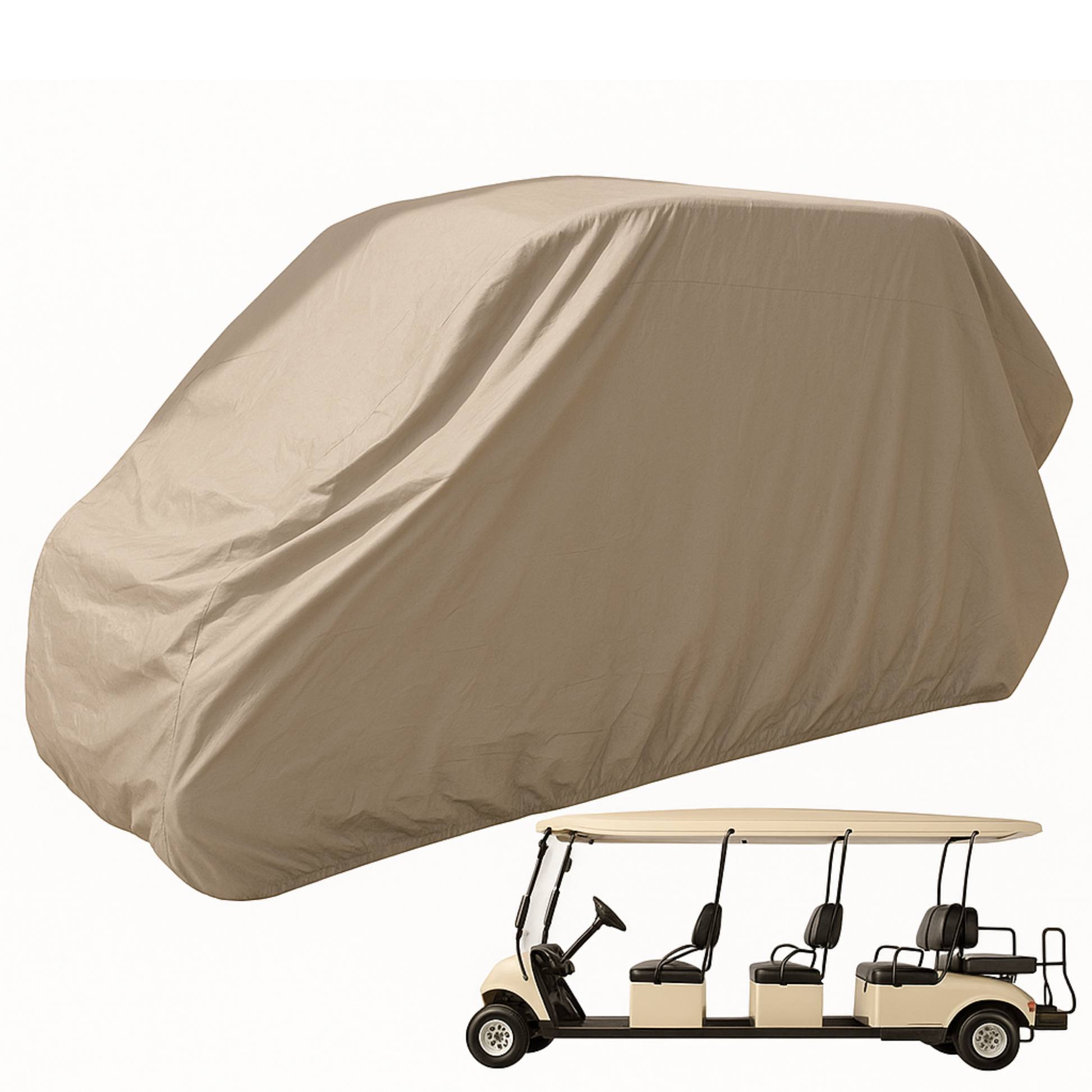 Taupe 8 passenger golf cart storage cover with heavy duty waterproof polyester and elastic hem fit up to 140-inch roof