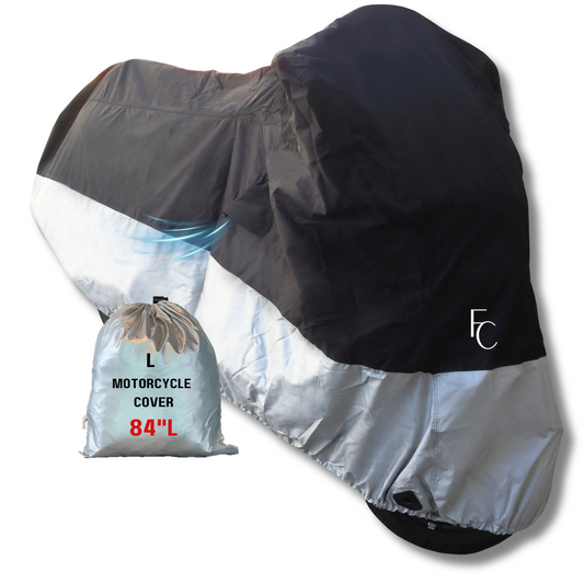 Lightweight black motorcycle cover for all seasons, water-resistant with UV protection and heat-resistant sections.