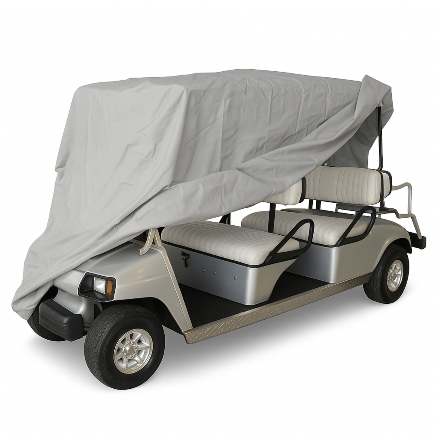 Grey 6 passenger golf cart storage cover partially draped over a silver and white golf cart with roof up