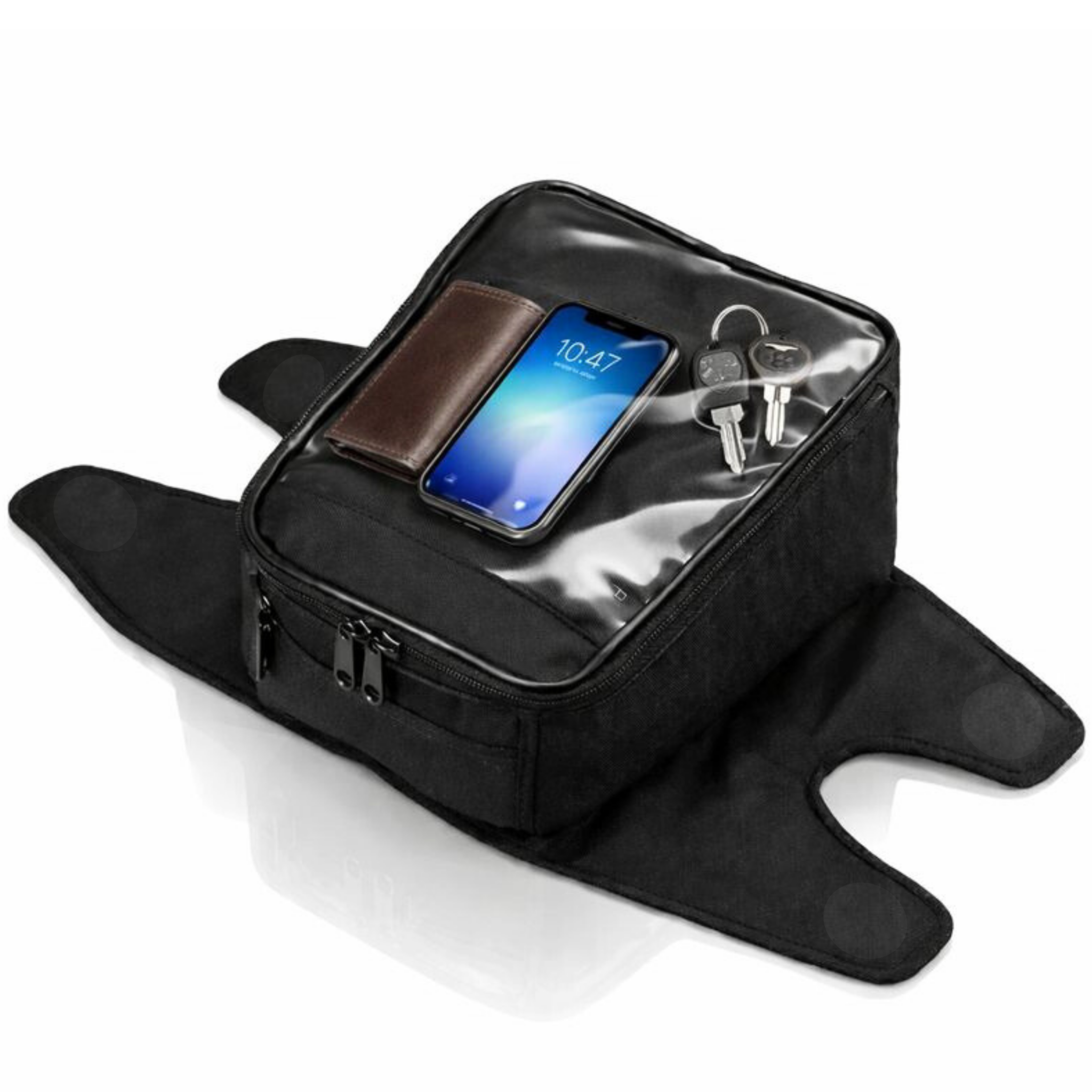 Water-resistant magnetic motorcycle tank bag in black with clear window and 10L capacity holding phone, wallet, and keys