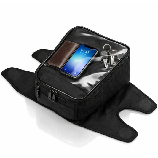 Water-resistant magnetic motorcycle tank bag in black with clear window and 10L capacity holding phone, wallet, and keys