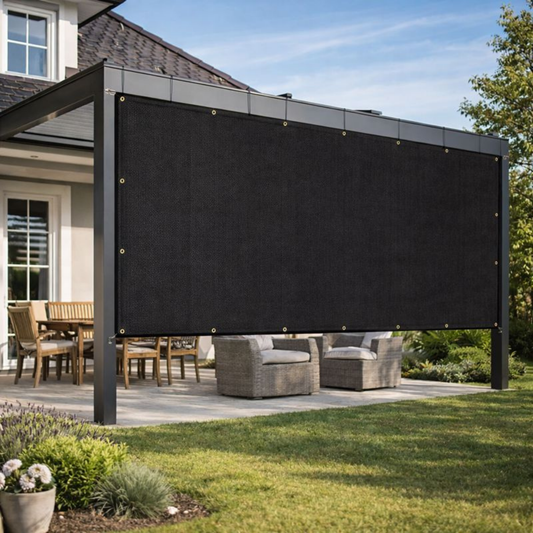 Black sun shade mesh panel 10x8 ft installed on outdoor pergola for patio privacy and sun protection