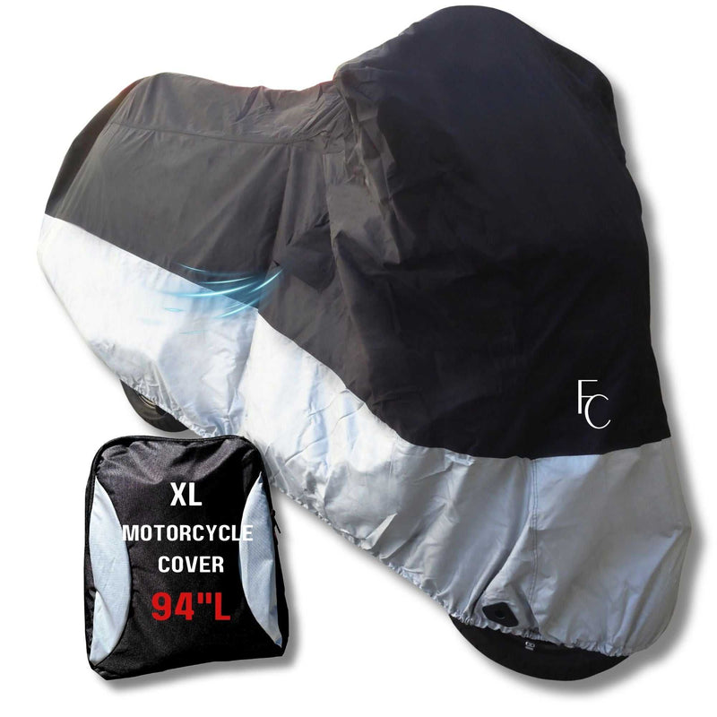 A large black and silver motorcycle cover made with WeatherWarrior fabric, identified as the Formosa Covers Light Weight Motorcycle Cover (XL) with Cable & Lock, is shown draped over a motorcycle, protecting it from the elements. To the left, there is a compact black carrying bag prominently displaying the text "XL Motorcycle Cover 94''L" in white letters.