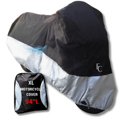 A large black and silver motorcycle cover made with WeatherWarrior fabric, identified as the Formosa Covers Light Weight Motorcycle Cover (XL) with Cable & Lock, is shown draped over a motorcycle, protecting it from the elements. To the left, there is a compact black carrying bag prominently displaying the text 