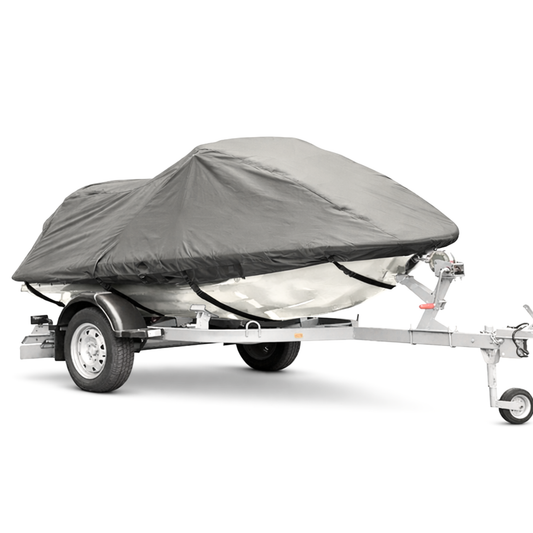 Charcoal grey 300D polyester jet ski personal watercraft cover fits up to 140 inches with all-weather protection and secure snap straps