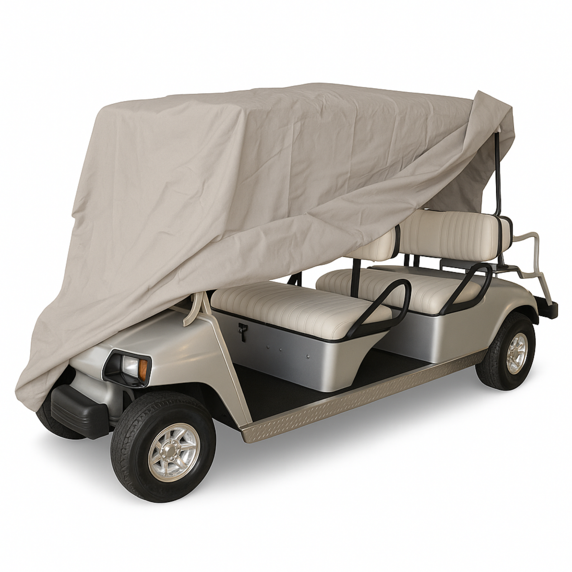 6 passenger golf cart partially covered with taupe waterproof storage cover protecting seats and roof