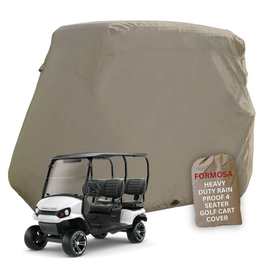 Taupe 4 Passenger Golf Cart Storage Cover for 80" Roof, heavy-duty, waterproof, UV-treated polyester with elastic hem and rear zipper.