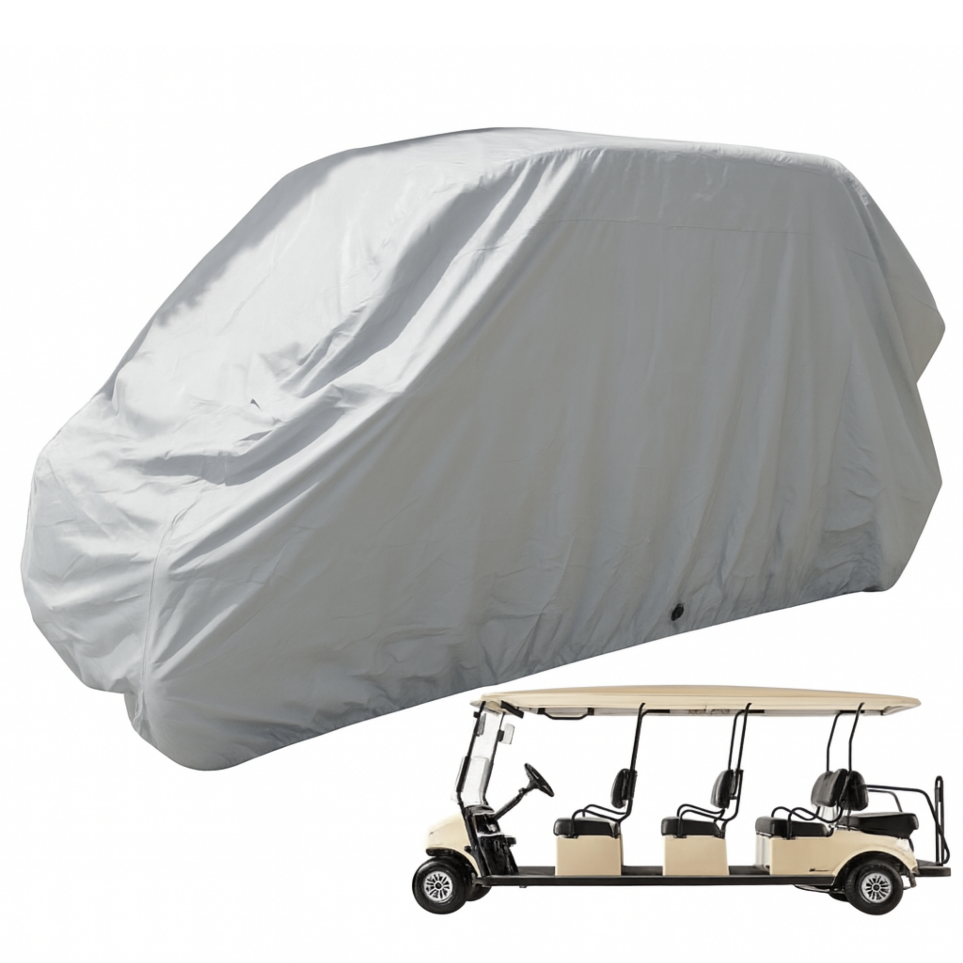 Grey 8 passenger golf cart storage cover made of heavy duty waterproof satin polyester with elastic hem and rear zipper fit for up to 140-inch roof golf carts