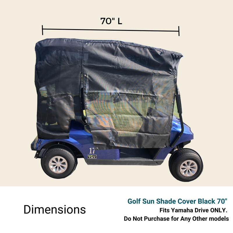 A blue golf cart with the Formosa Covers Golf Cart Sun Shade UV Mesh Top Cover in black, designed exclusively for Yamaha Drive models. The sunshade measures 70 inches long and provides excellent UVA/UVB protection by securing over the cart.