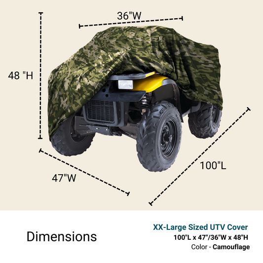 Image of the Formosa Covers ATV Cover XXL in camouflage color. The water-repellent cover, partially draped over a UTV with dimensions labeled: 100"L x 47"/36"W x 48"H, highlights its secure fit and ability to shield the vehicle efficiently.