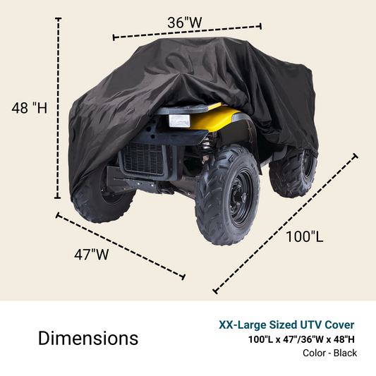 Image showcasing a yellow UTV partially covered with a black, water repellent ATV Cover XXL from Formosa Covers. Text on the image lists the dimensions as 100 inches long, 47 inches wide at the front, 36 inches wide at the rear, and 48 inches tall. The cover features a UV-treated coating for enhanced durability.