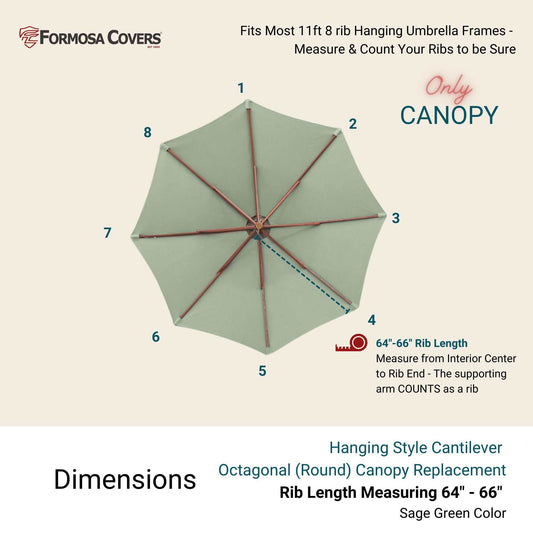 11ft Cantilever Hanging Umbrella 8 Rib Replacement Canopy Sage Green
