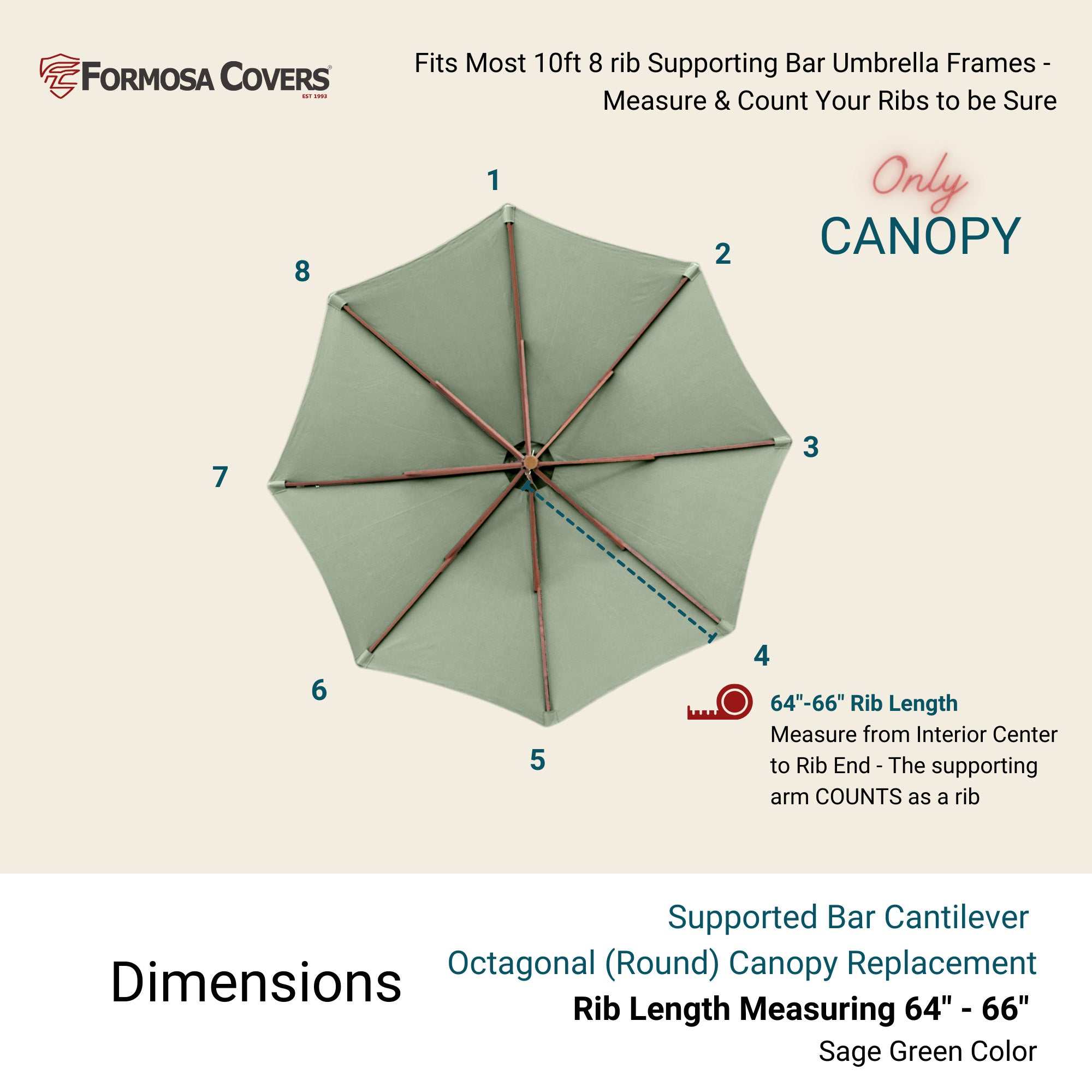 11 ft Cantilever Umbrella Replacement Canopy Supported Bar 8 Ribs Sage Green