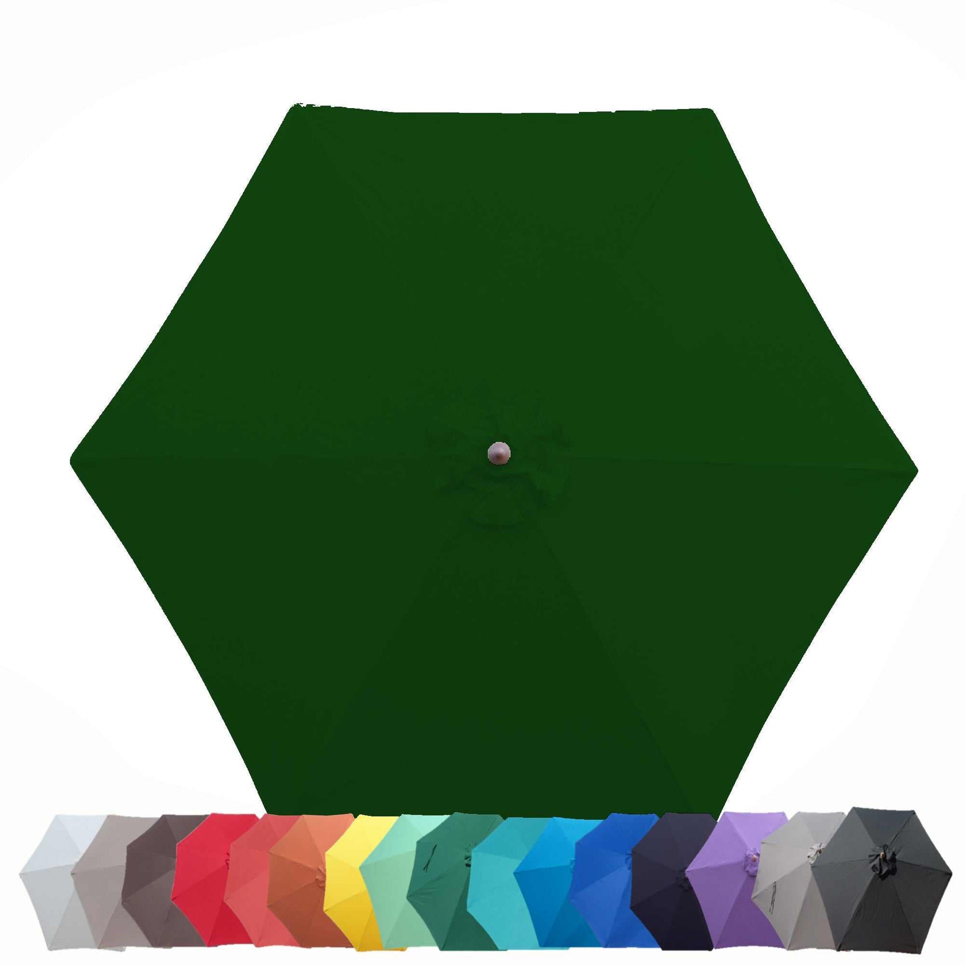 A fully open 9ft Market Patio Umbrella 6 Rib Replacement Canopy in Forest Green by Formosa Covers is displayed. Underneath it, a collection of smaller umbrellas in numerous colors, including white, gray, red, orange, yellow, light blue, teal, dark blue, purple, and black are arranged.
