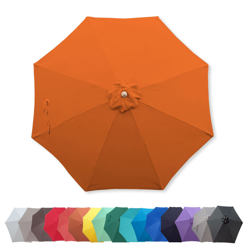 An overhead view of the large, octagonal, Tuscan Orange UV-treated 11ft Market Patio Umbrella with an 8-rib Replacement Canopy from Formosa Covers, showcased alongside various other water-repellent umbrellas in an array of colors such as red, green, blue, purple, and gray. The umbrella is symmetrical with a clearly visible canopy and central hub.