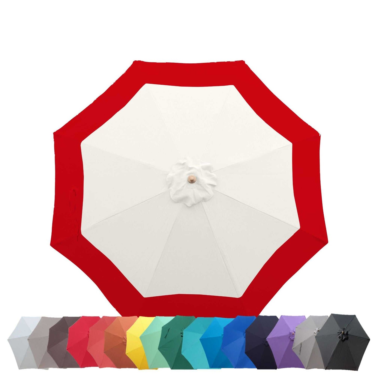 A top view of the Formosa Covers 9ft Market Patio Umbrella with an 8 Rib Replacement Canopy Duet Red showcases a white center encircled by a red border. Beneath the durable umbrella, a range of color options is displayed, including shades of gray, red, pink, yellow, green, blue, purple, and black.