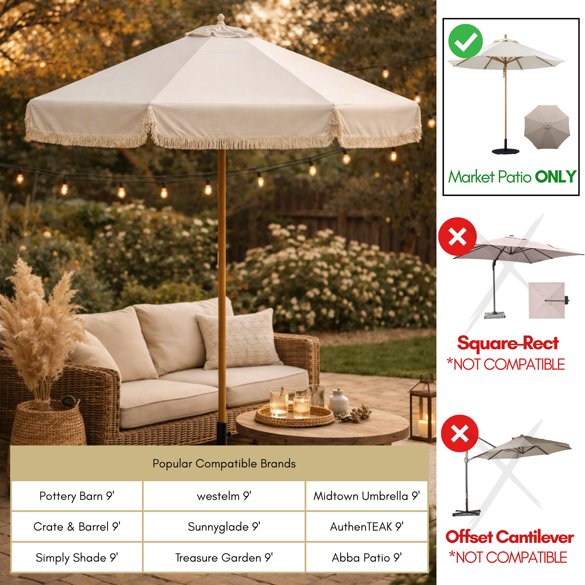 9ft 8 Ribs Replacement Umbrella Canopy w/Fringed Valance in Off White (Canopy Only) - Formosa Covers