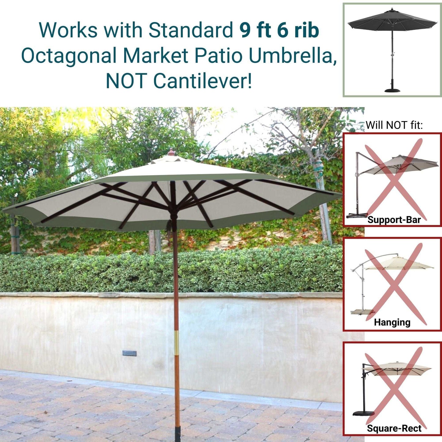 A **9ft Market Patio Umbrella 6 Rib Replacement Canopy Duet Sage Green** from **Formosa Covers** set up in a garden with lush green foliage and a brick wall backdrop. Text indicates it works specifically with a standard 9 ft 6 rib umbrella. The durable polyester fabric ensures longevity, and its two-toned sage green look adds style to the setting. Diagrams show types that will not fit: support-bar, hanging, and square-rectangle umbrellas.