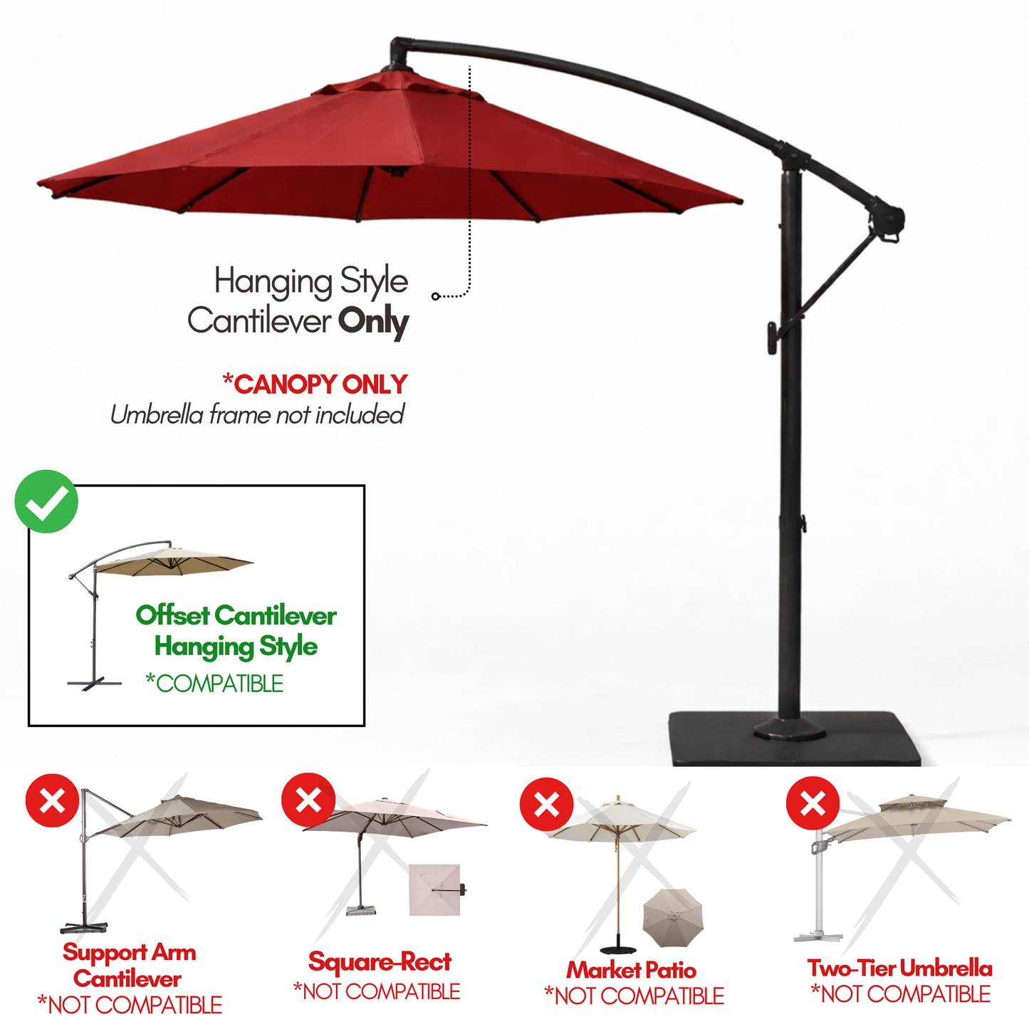 10ft Cantilever Hanging Umbrella 8 Rib Replacement Canopy Red - Formosa Covers