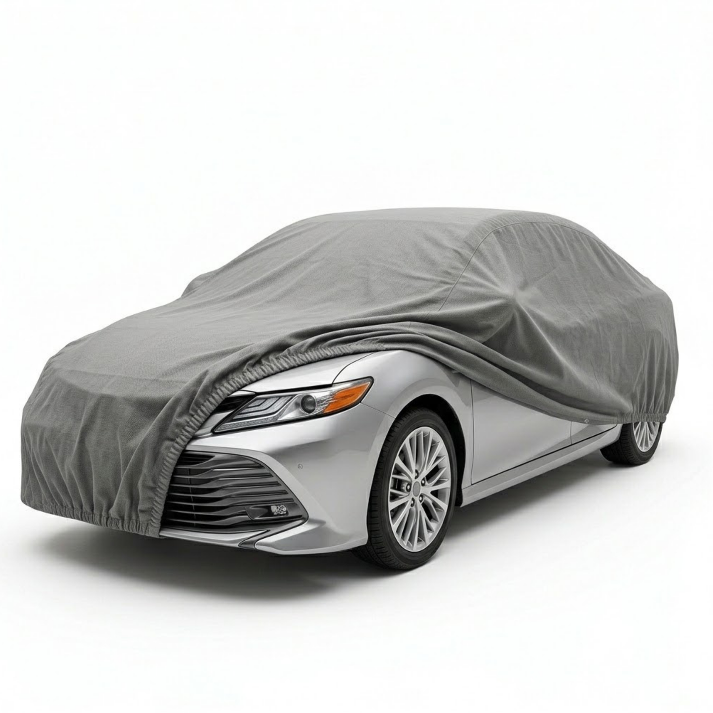 Charcoal grey Toyota Prius car cover measuring 177"L x 70"W x 54.5"H with 3-layer breathable UV-resistant fabric