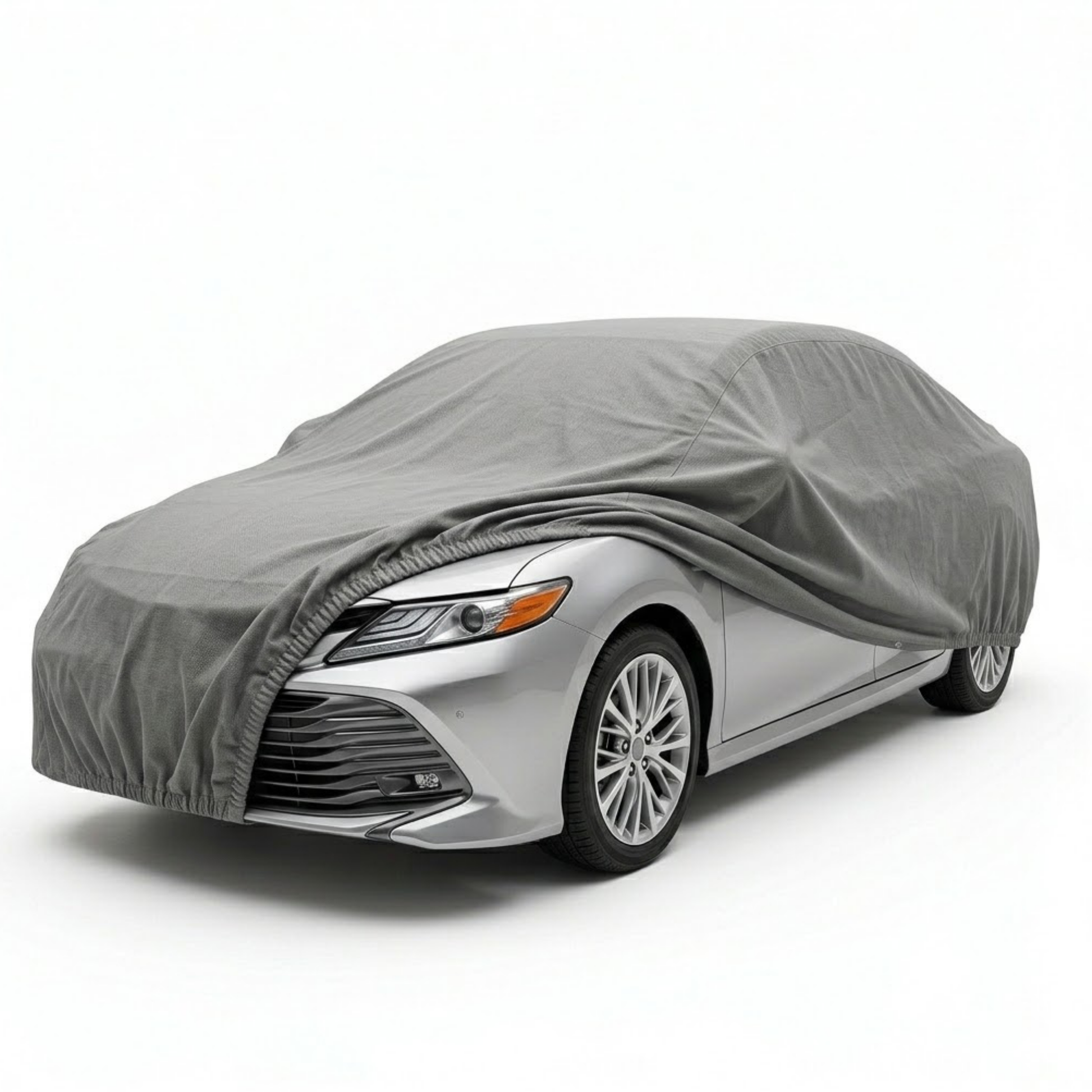 Charcoal grey Toyota Prius car cover measuring 177"L x 70"W x 54.5"H with 3-layer breathable UV-resistant fabric