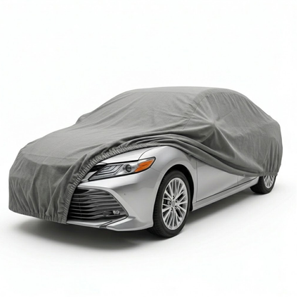 Charcoal grey Toyota Prius car cover measuring 177"L x 70"W x 54.5"H with 3-layer breathable UV-resistant fabric