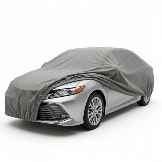 Charcoal grey Toyota Prius car cover measuring 177"L x 70"W x 54.5"H with 3-layer breathable UV-resistant fabric