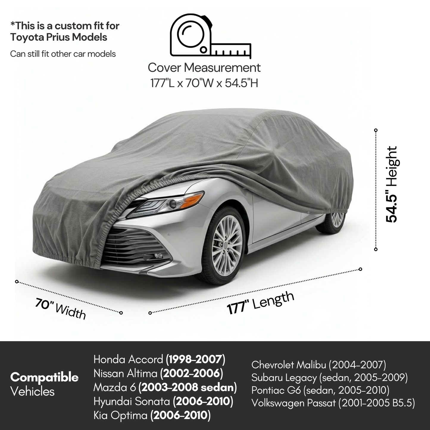Toyota Prius Car Cover - 177"L x 70"W x 54.5"H - Charcoal Grey - Formosa Covers