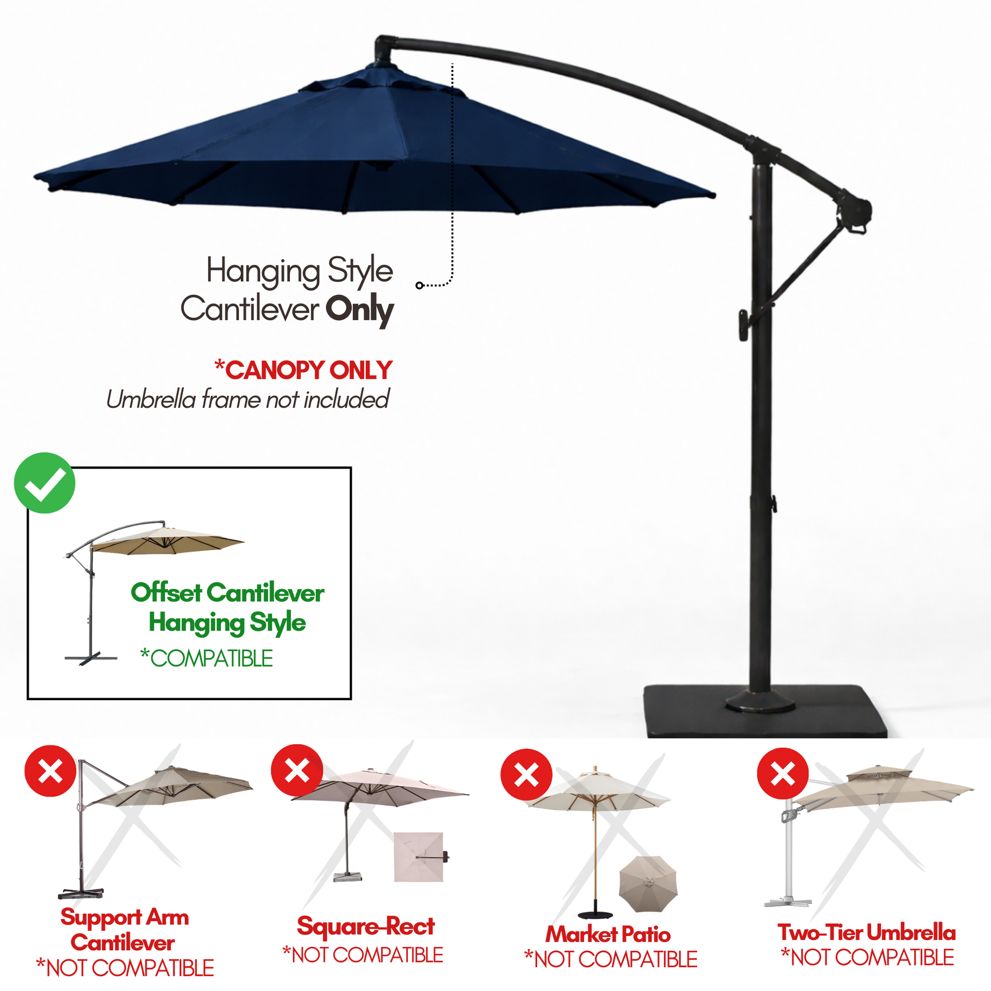 11ft Cantilever Hanging Umbrella 8 Rib Replacement Canopy Navy Olefin - Formosa Covers