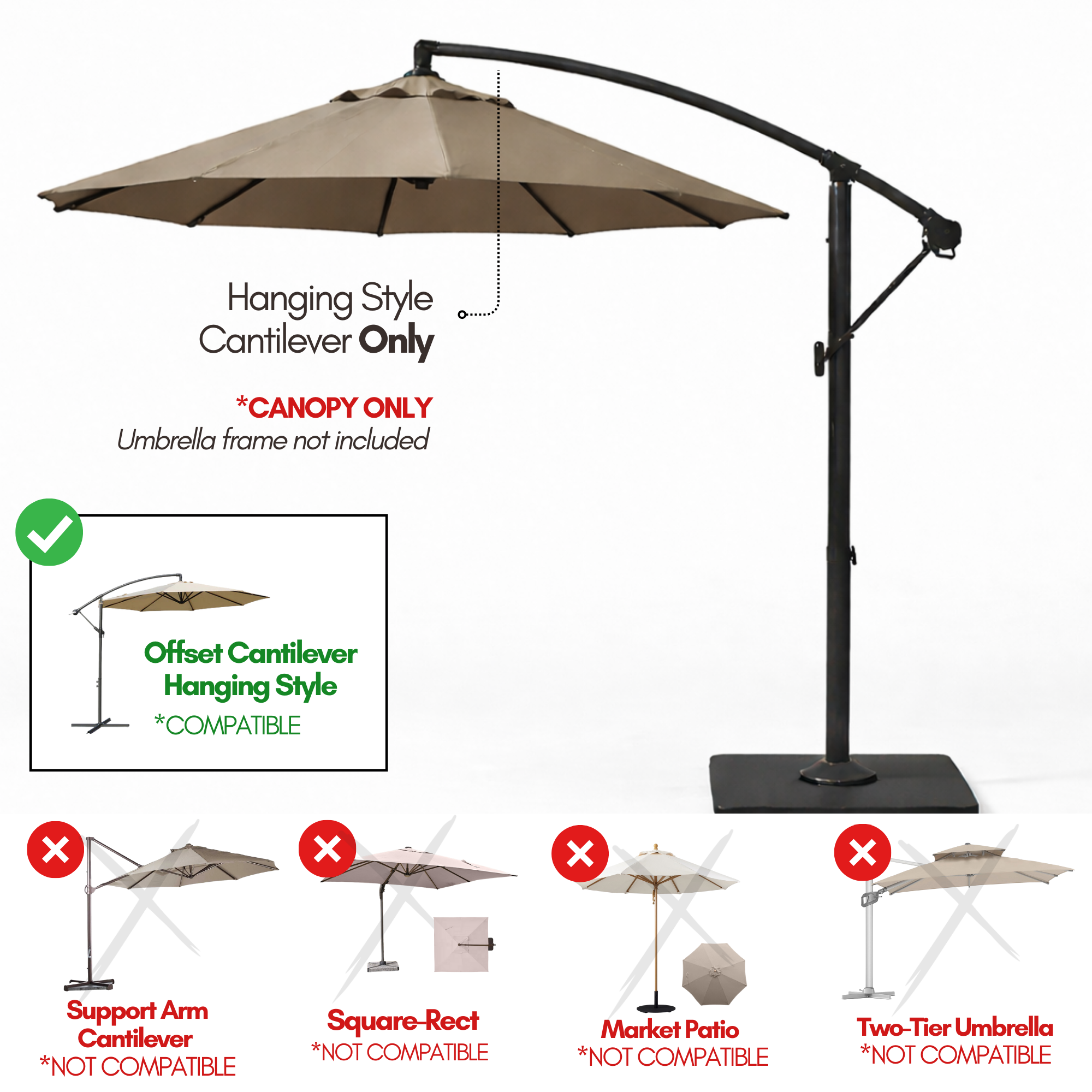 11ft Cantilever Hanging Umbrella 8 Rib Replacement Canopy Taupe