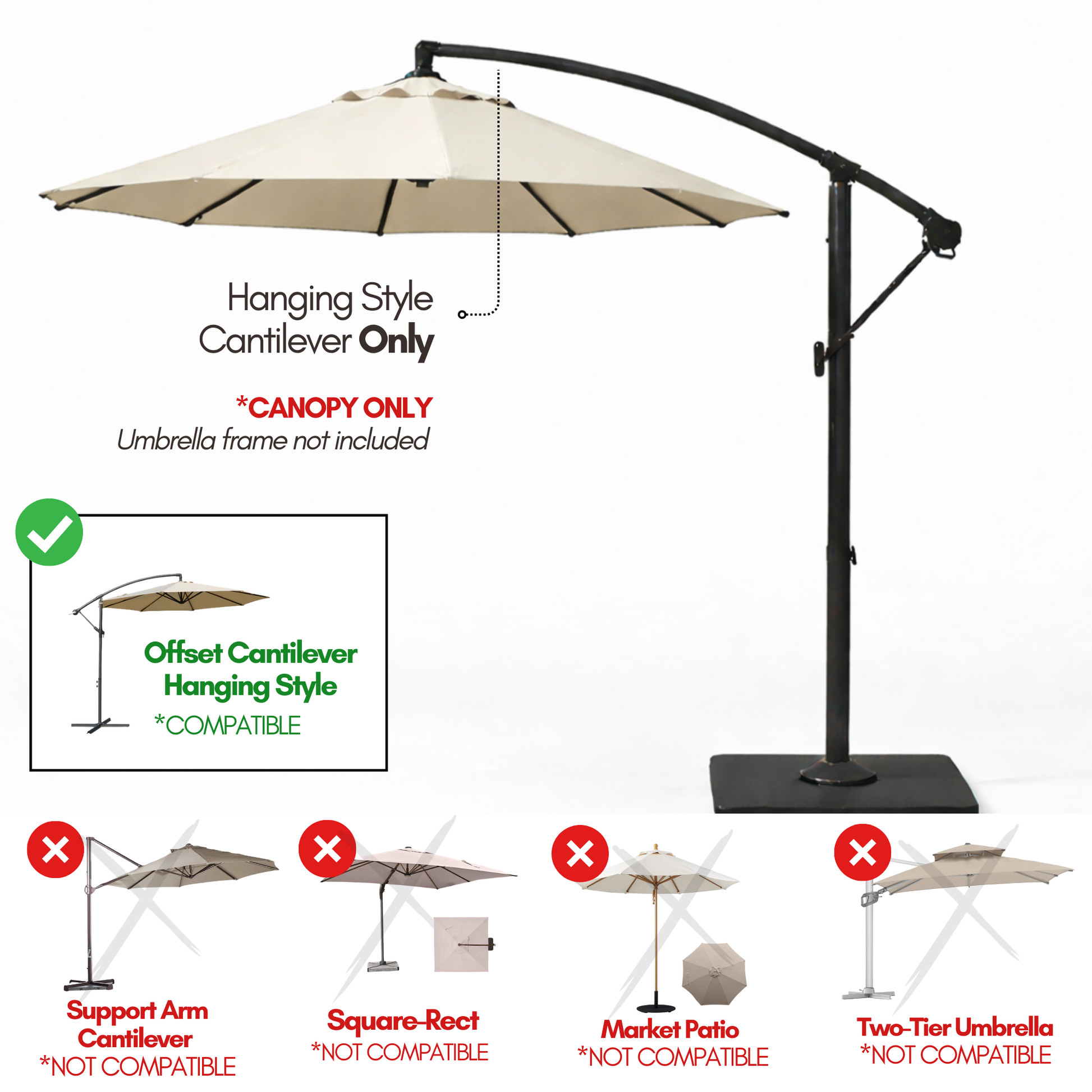 11ft Cantilever Hanging Umbrella 8 Rib Replacement Canopy Off White