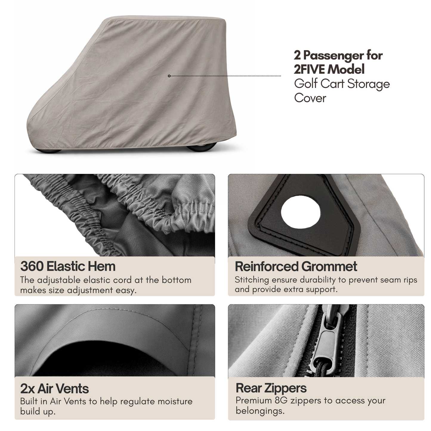 2 Passenger Golf Cart Storage Cover for E-Z-GO 2FIVE, Grey - Formosa Covers