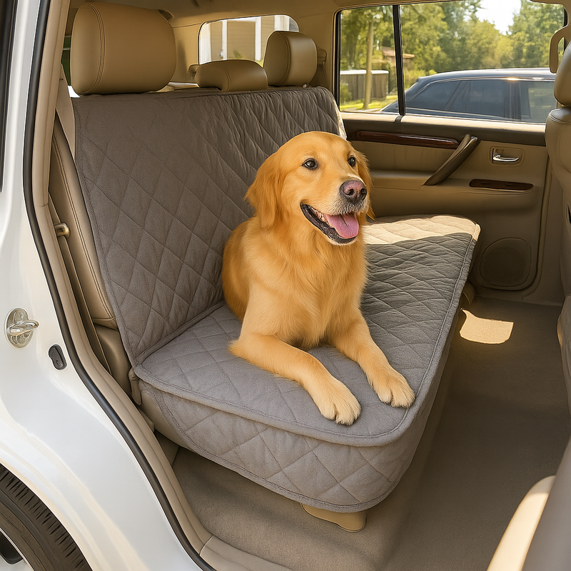 Grey quilted luxury car seat bench cover protecting rear seats with golden retriever sitting comfortably