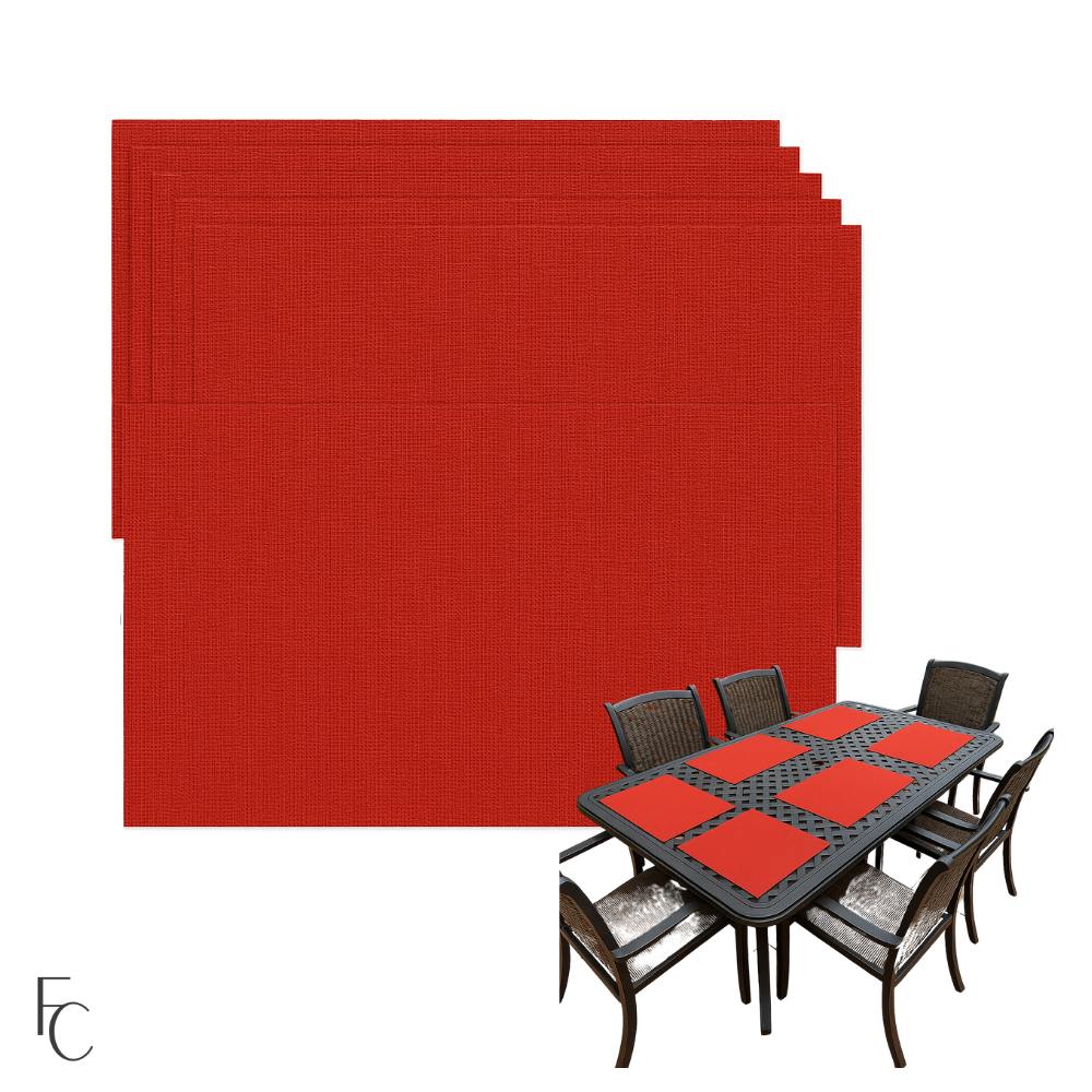 Red outdoor patio placemat table mat set of 6, 13x19 inches, 300 denier polyester, suitable for indoor or outdoor use.