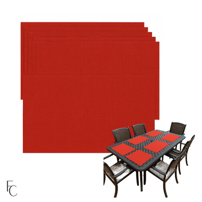 Red outdoor patio placemat table mat set of 6, 13x19 inches, 300 denier polyester, suitable for indoor or outdoor use.