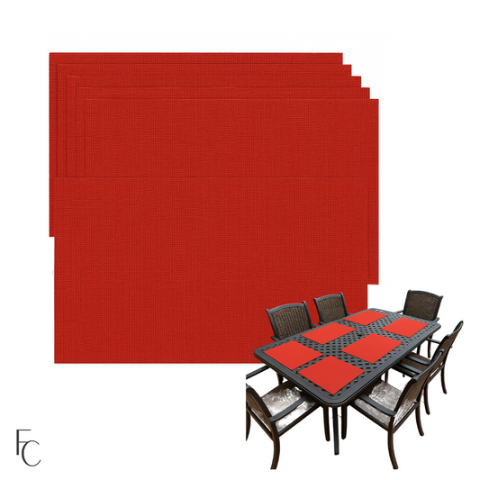 Red outdoor patio placemat table mat set of 6, 13x19 inches, 300 denier polyester, suitable for indoor or outdoor use.